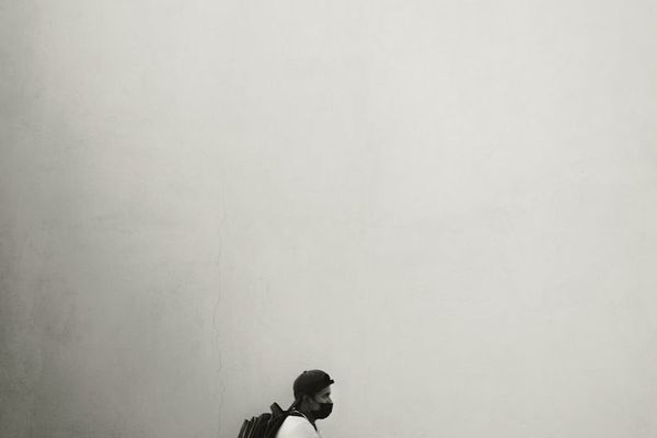 Minimalist space with a single light source.